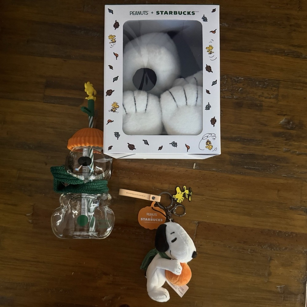 Starbucks Peanuts Snoopy Plush Glass Cold Cup Bag Charm Lot 3 Great Pumpkin 2026